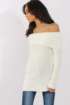 Rebellious Fashion White Cable Knit Bardot Top - Deakin