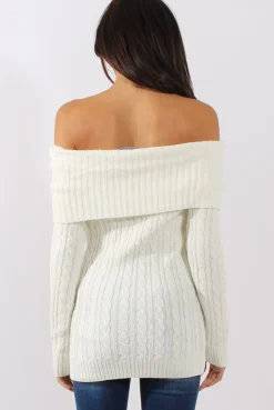 Rebellious Fashion White Cable Knit Bardot Top - Deakin