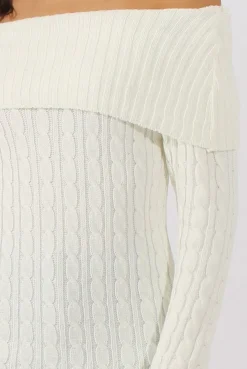 Rebellious Fashion White Cable Knit Bardot Top - Deakin