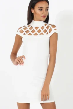 Rebellious Fashion White Cage High Neck Bodycon Dress- Kade