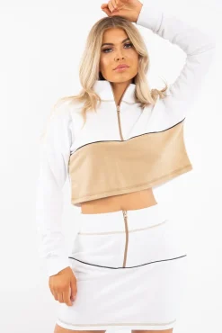 Rebellious Fashion White Camel Cropped Zip Jumper Skirt Co-ord - Hestia
