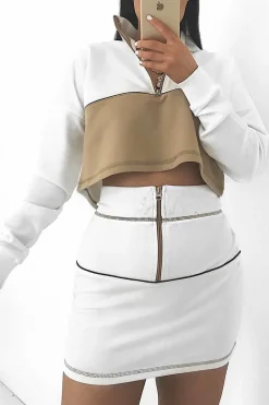 Rebellious Fashion White Camel Cropped Zip Jumper Skirt Co-ord - Hestia