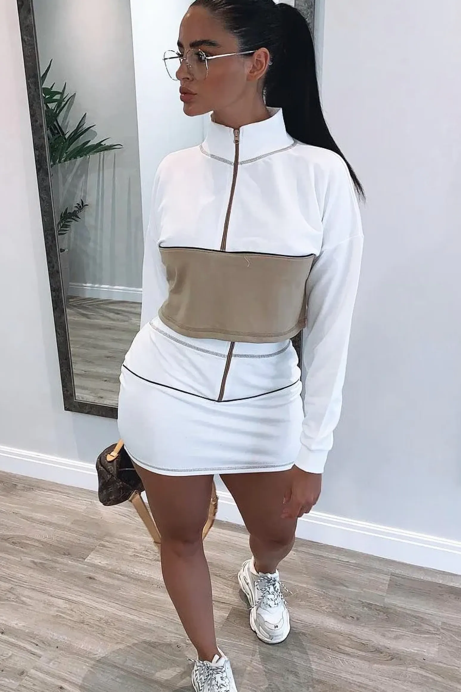Rebellious Fashion White Camel Cropped Zip Jumper Skirt Co-ord - Hestia