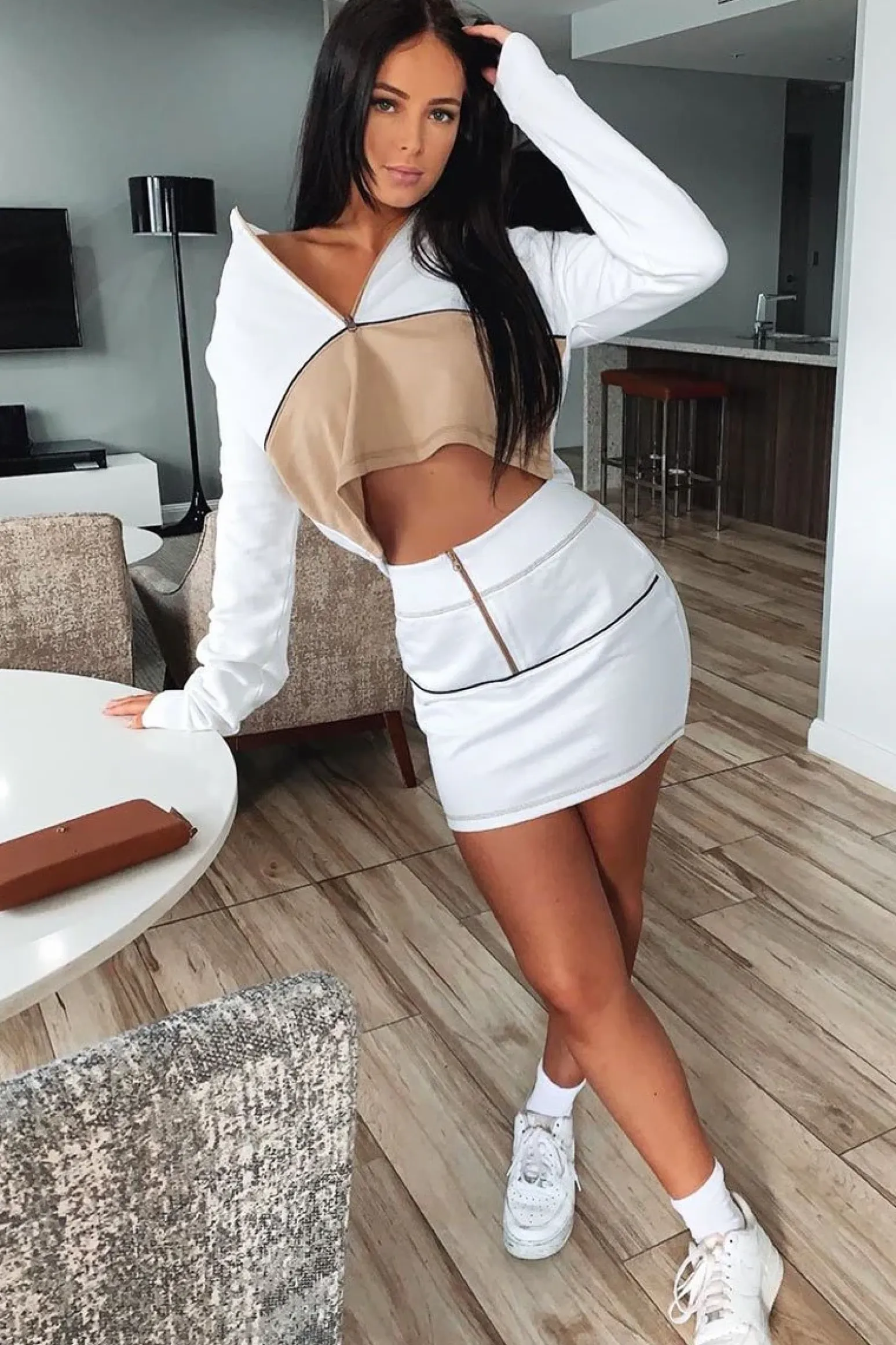 Rebellious Fashion White Camel Cropped Zip Jumper Skirt Co-ord - Hestia