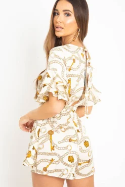 Rebellious Fashion White Chain Print Ruffle Sleeve Playsuit - Parrish