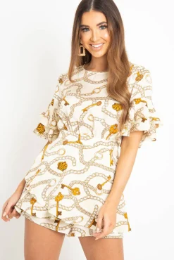 Rebellious Fashion White Chain Print Ruffle Sleeve Playsuit - Parrish