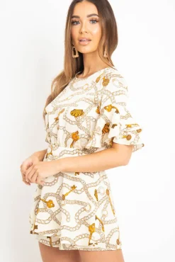 Rebellious Fashion White Chain Print Ruffle Sleeve Playsuit - Parrish