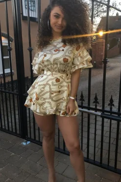 Rebellious Fashion White Chain Print Ruffle Sleeve Playsuit - Parrish