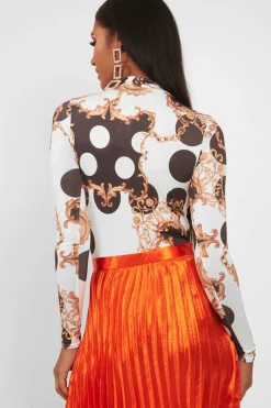 Rebellious Fashion White Chain Print Slinky High Neck Bodysuit - Abira