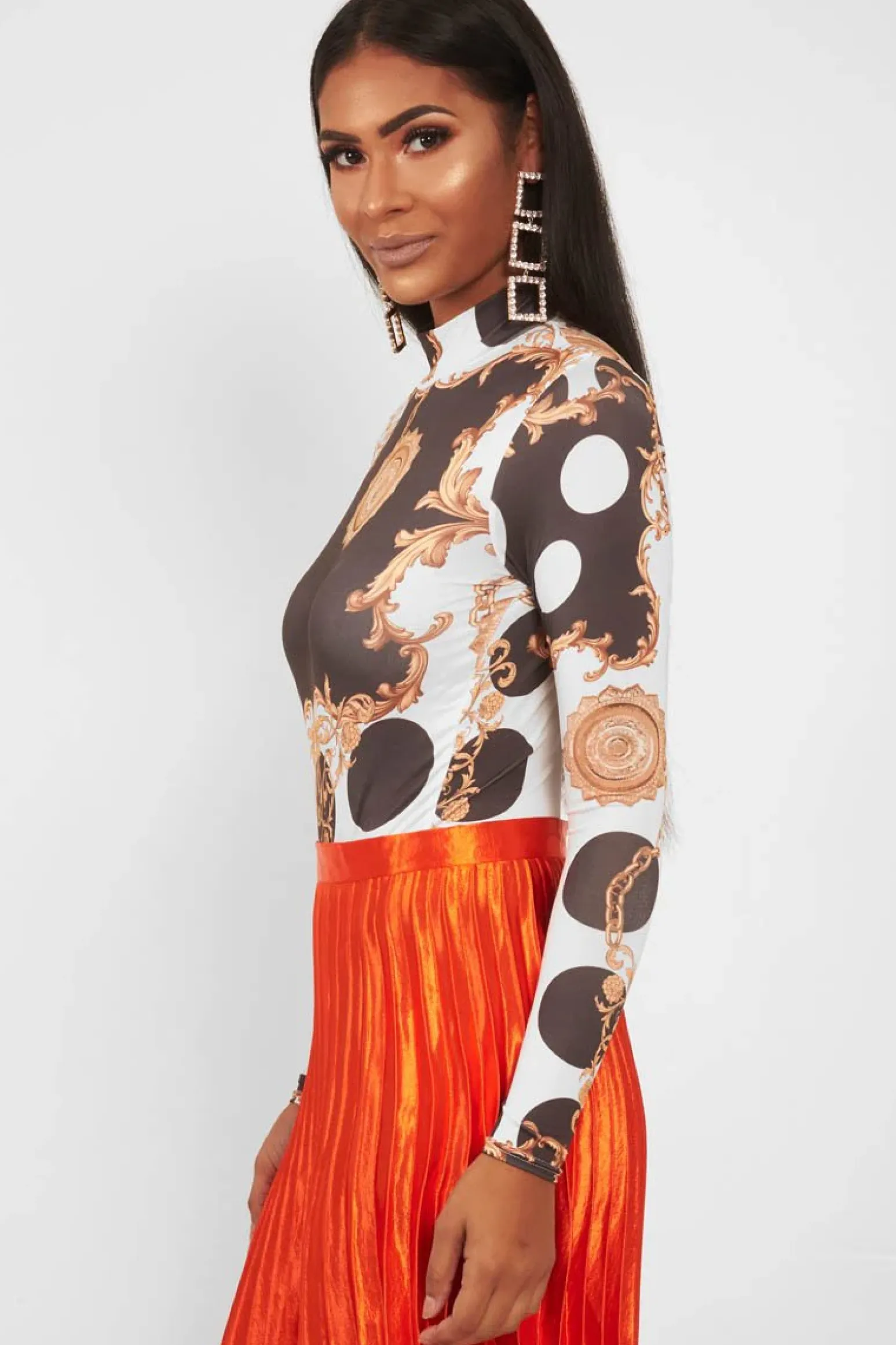 Rebellious Fashion White Chain Print Slinky High Neck Bodysuit - Abira