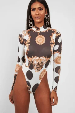 Rebellious Fashion White Chain Print Slinky High Neck Bodysuit - Abira