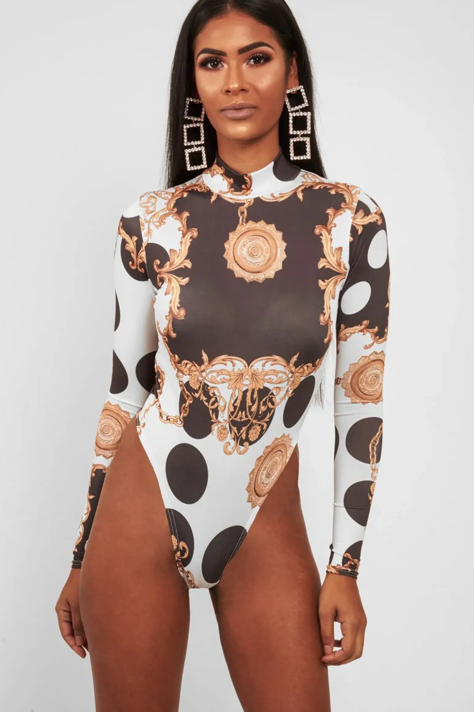 Rebellious Fashion White Chain Print Slinky High Neck Bodysuit - Abira