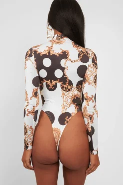 Rebellious Fashion White Chain Print Slinky High Neck Bodysuit - Abira