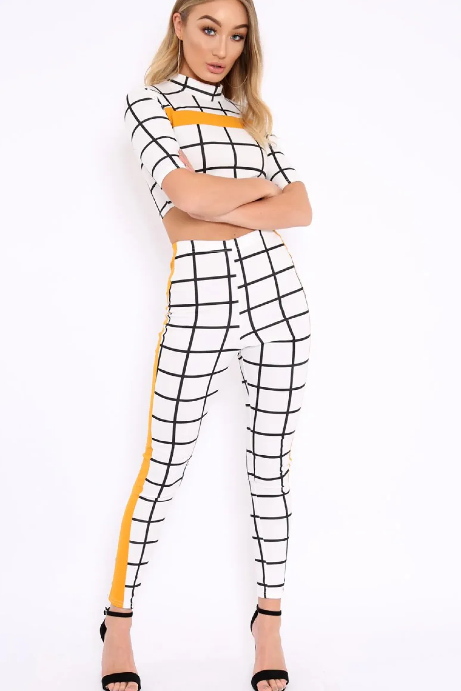 Rebellious Fashion White Check and Mustard Stripe Co-ord - Lainey
