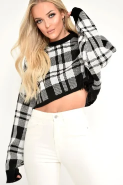 Rebellious Fashion White Check Batwing Crop Knit Jumper - Marisa