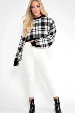 Rebellious Fashion White Check Batwing Crop Knit Jumper - Marisa