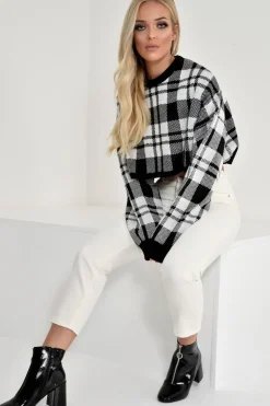Rebellious Fashion White Check Batwing Crop Knit Jumper - Marisa