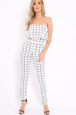 Rebellious Fashion White Checked Crop Top and Trousers Co-ord Set - Linda