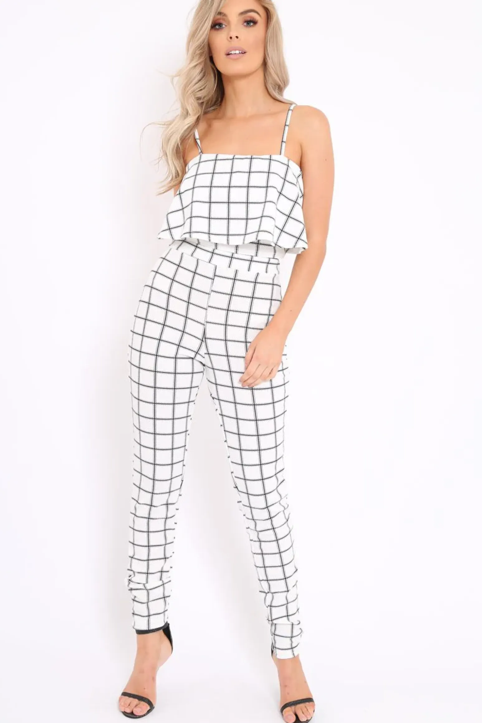 Rebellious Fashion White Checked Crop Top and Trousers Co-ord Set - Linda