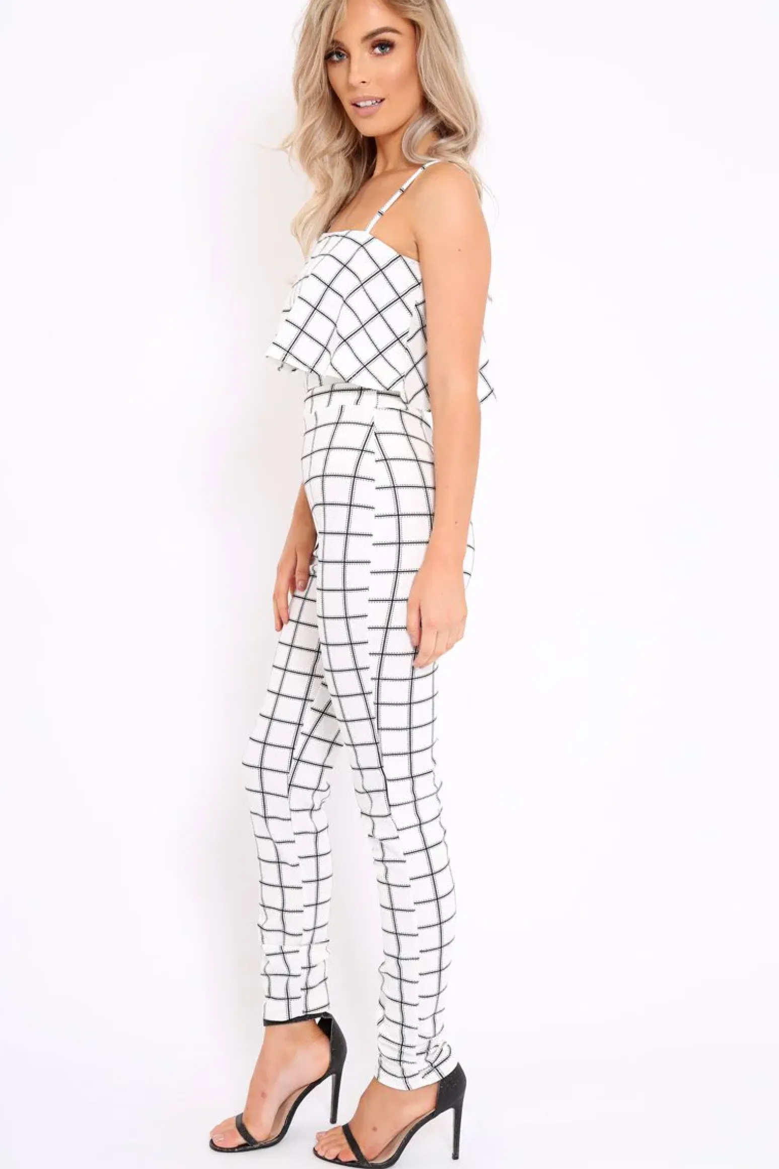 Rebellious Fashion White Checked Crop Top and Trousers Co-ord Set - Linda