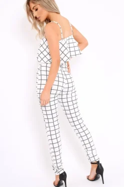 Rebellious Fashion White Checked Crop Top and Trousers Co-ord Set - Linda