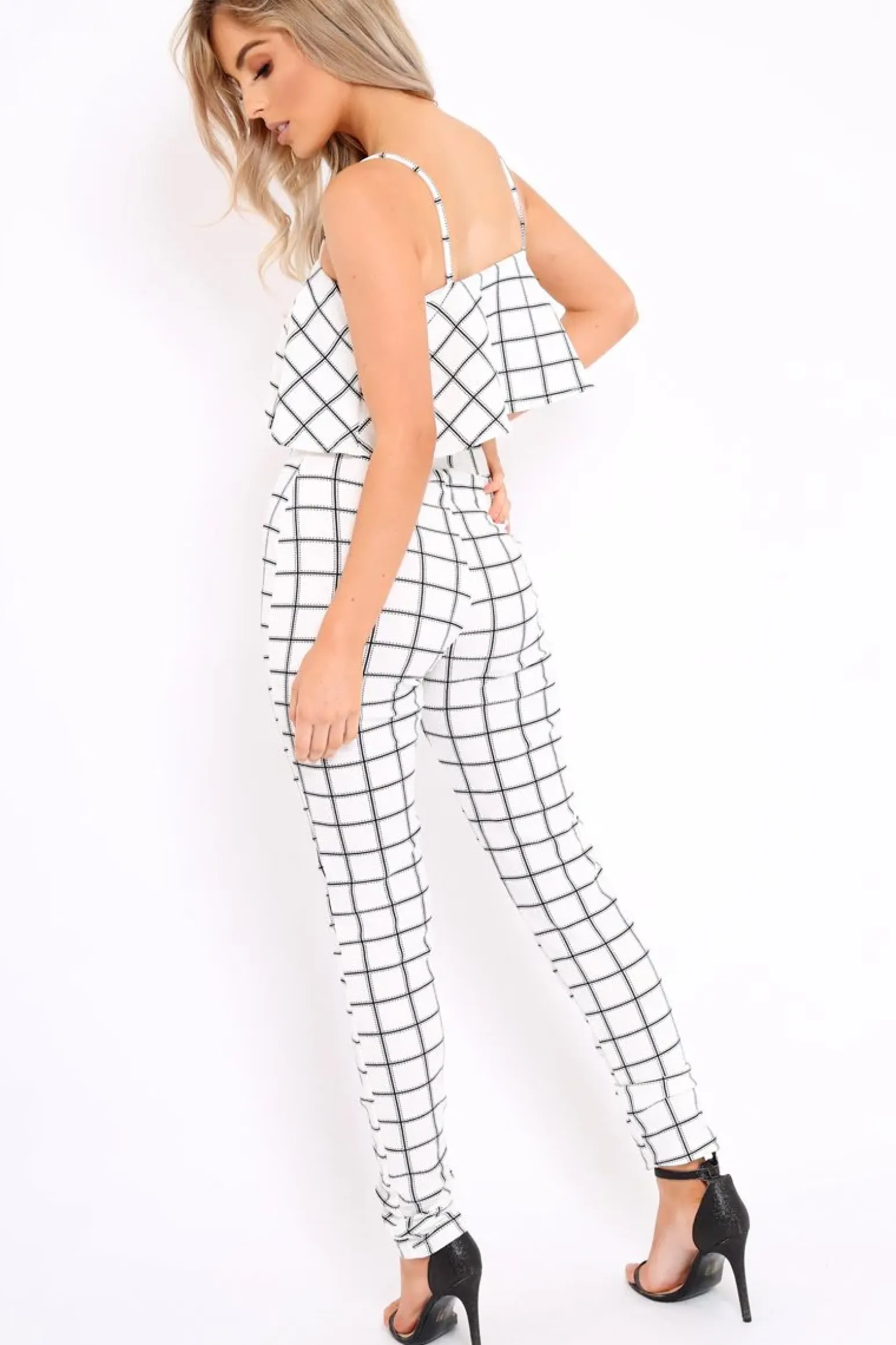 Rebellious Fashion White Checked Crop Top and Trousers Co-ord Set - Linda