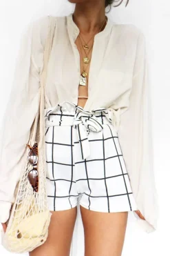 Rebellious Fashion White Check Paper Bag Shorts - Nila