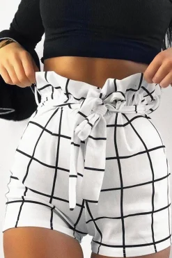 Rebellious Fashion White Check Paper Bag Shorts - Nila