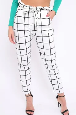 Rebellious Fashion White Check Paper Bag Tie Waist Cigarette Trousers - Karmen