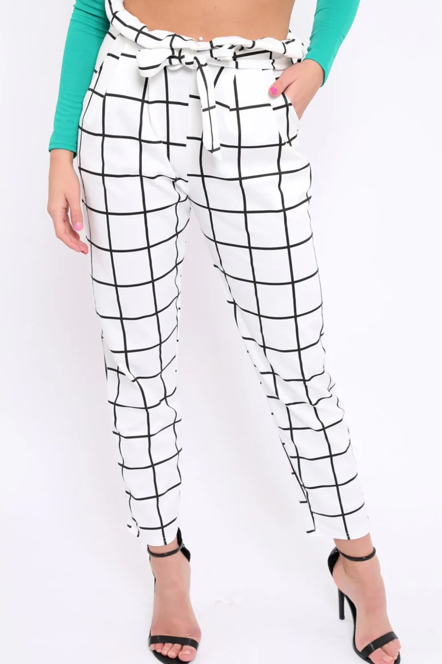 Rebellious Fashion White Check Paper Bag Tie Waist Cigarette Trousers - Karmen