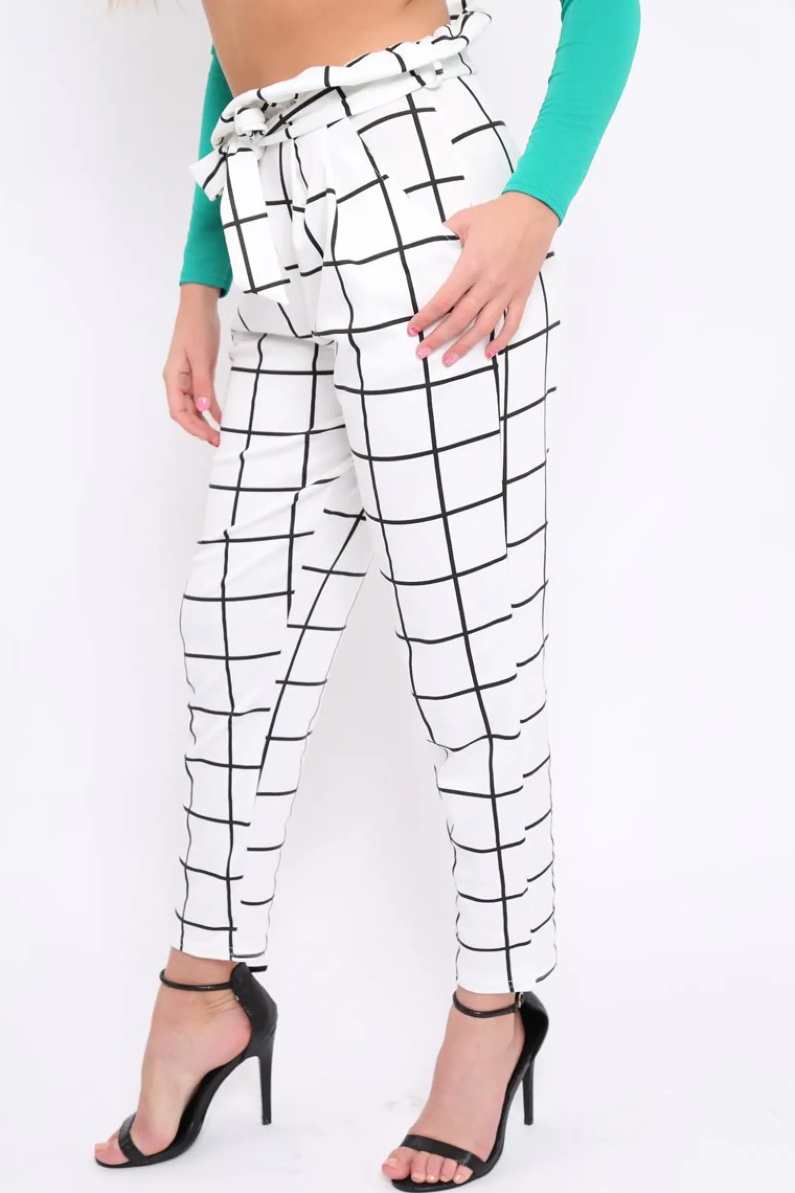 Rebellious Fashion White Check Paper Bag Tie Waist Cigarette Trousers - Karmen