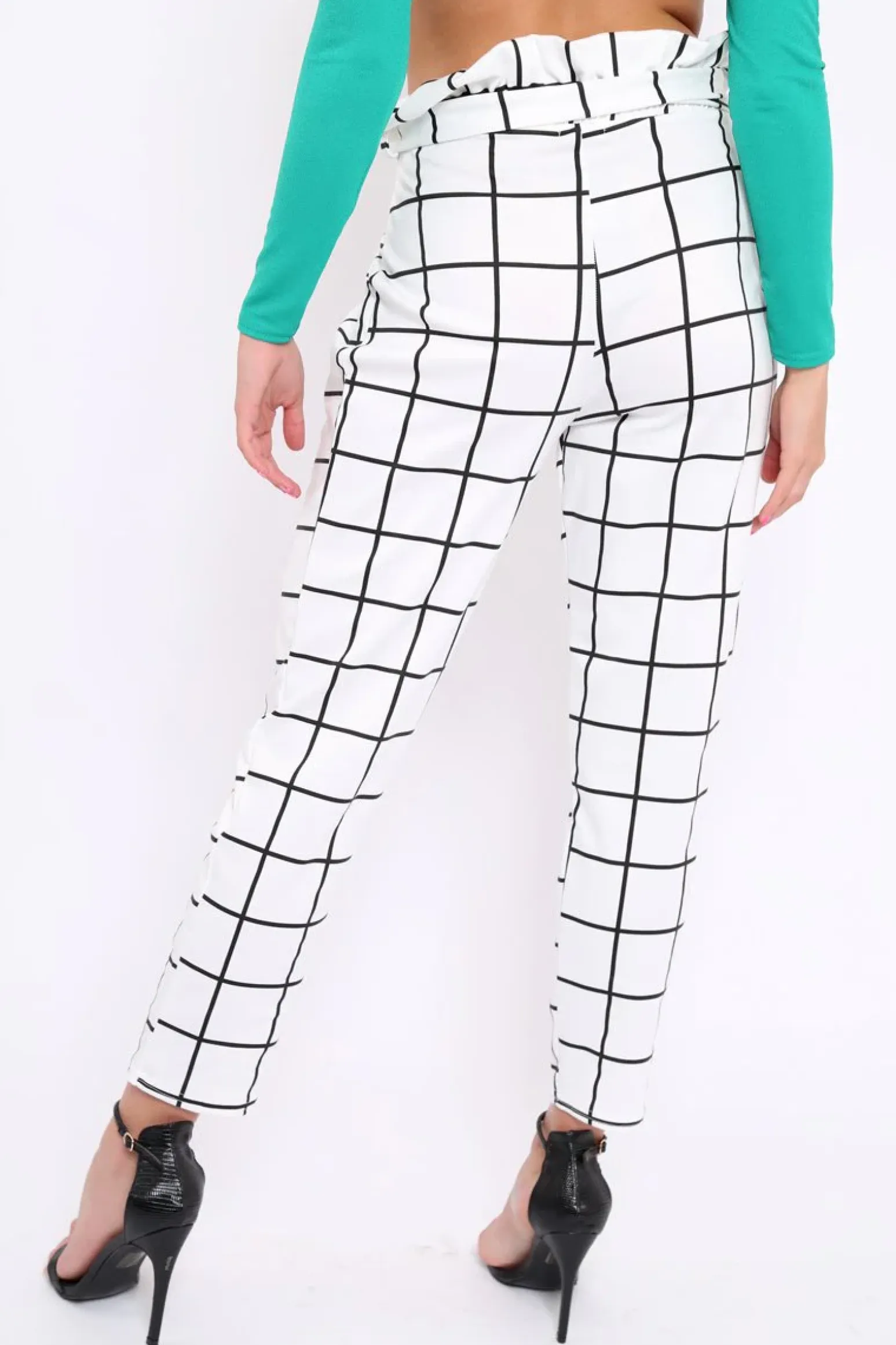 Rebellious Fashion White Check Paper Bag Tie Waist Cigarette Trousers - Karmen