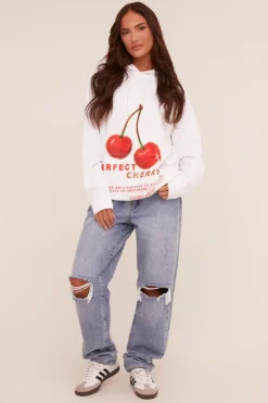 Rebellious Fashion White Cherry Print Oversized Hoodie - Molly