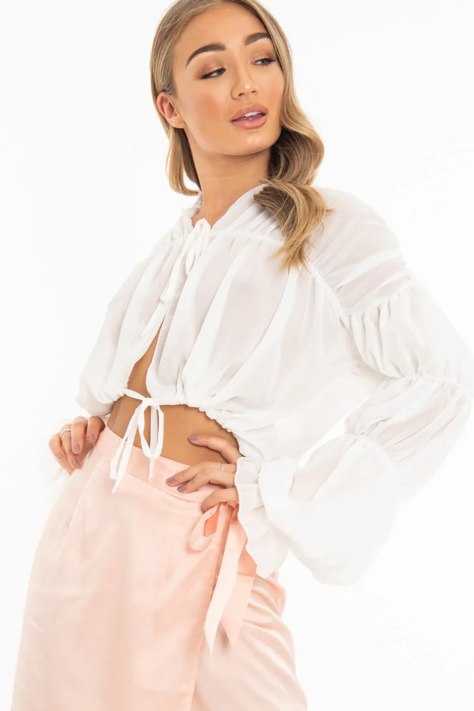 Rebellious Fashion White Chiffon Balloon Sleeve Crop Tie Front Blouse - Amelia