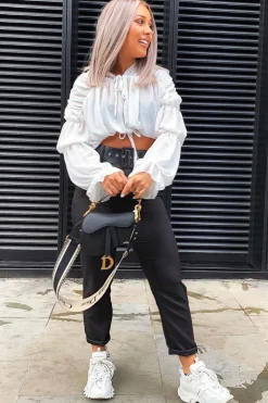 Rebellious Fashion White Chiffon Balloon Sleeve Crop Tie Front Blouse - Amelia