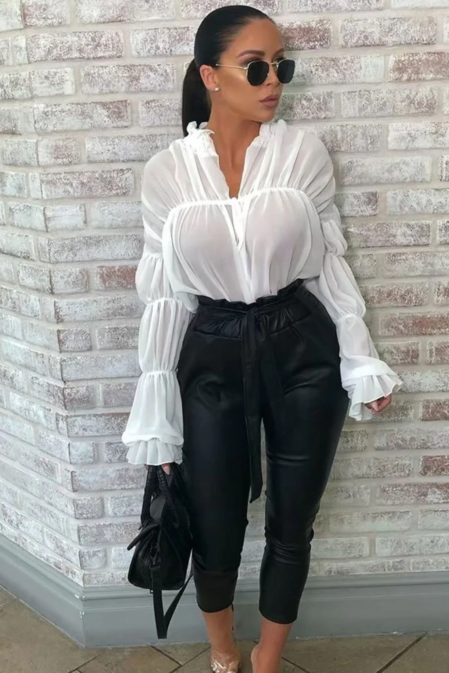 Rebellious Fashion White Chiffon Balloon Sleeve Crop Tie Front Blouse - Amelia