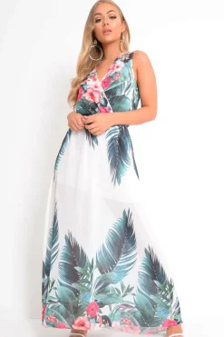 Rebellious Fashion White Chiffon Leaf Print Plunge Maxi Dress - Marlin