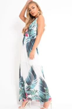 Rebellious Fashion White Chiffon Leaf Print Plunge Maxi Dress - Marlin