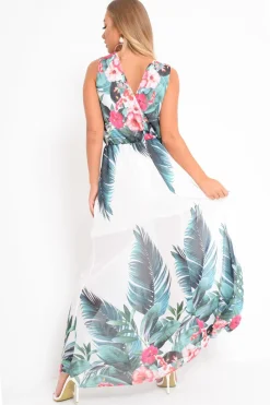 Rebellious Fashion White Chiffon Leaf Print Plunge Maxi Dress - Marlin