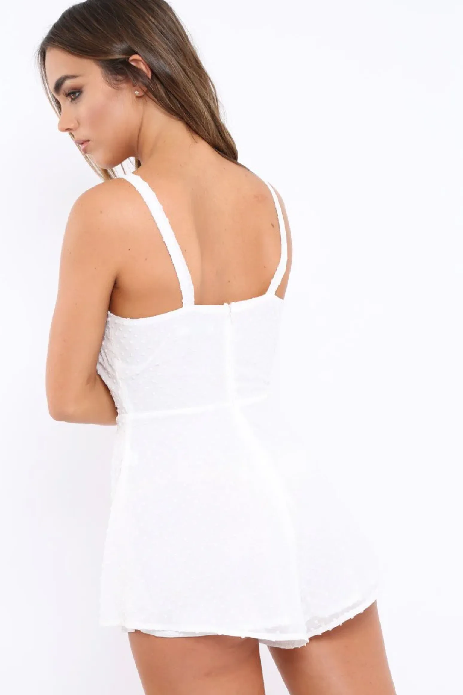 Rebellious Fashion White Chiffon Playsuit with Spotted Texture Detail - Rosemary