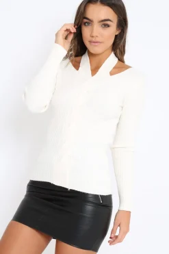 Rebellious Fashion White Choker Twist Knit Jumper - Maya