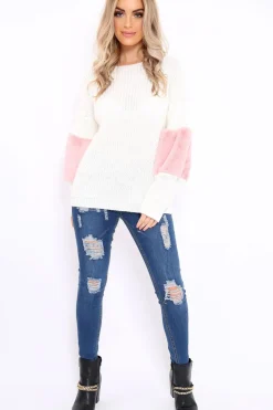 Rebellious Fashion White Chunky Knit Fur Sleeve Jumper - Kimberly