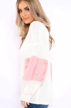 Rebellious Fashion White Chunky Knit Fur Sleeve Jumper - Kimberly