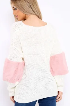 Rebellious Fashion White Chunky Knit Fur Sleeve Jumper - Kimberly