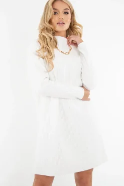 Rebellious Fashion White Chunky Rib Slash Neck Jumper Dress - Kameron