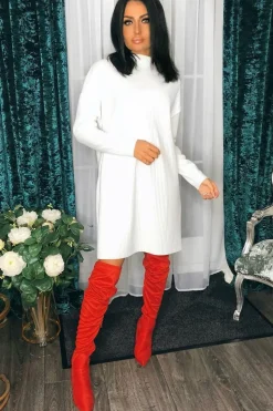 Rebellious Fashion White Chunky Rib Slash Neck Jumper Dress - Kameron