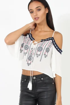 Rebellious Fashion White Cold Shoulder Embroidered Crop Top - Carrie