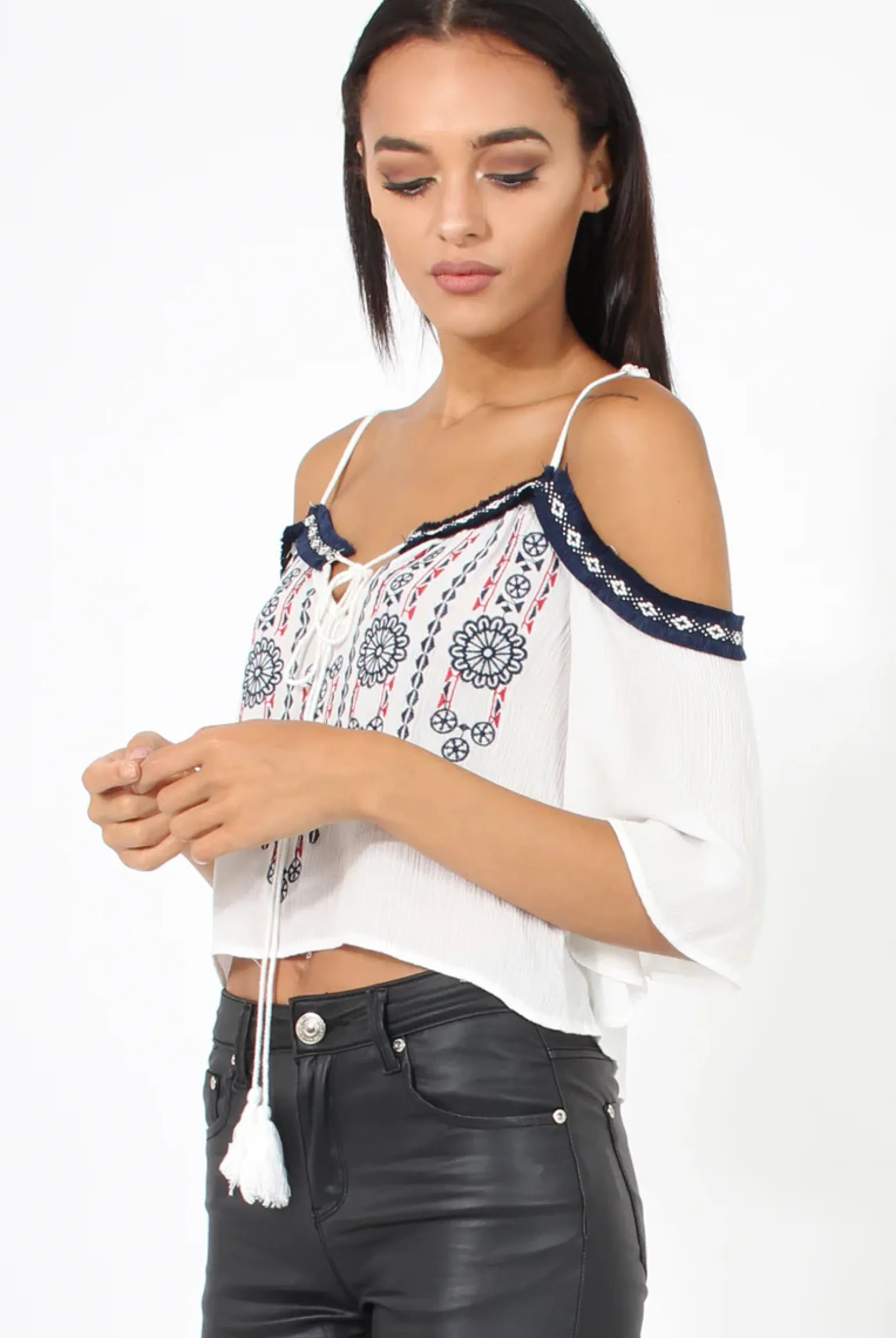 Rebellious Fashion White Cold Shoulder Embroidered Crop Top - Carrie