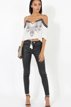 Rebellious Fashion White Cold Shoulder Embroidered Crop Top - Carrie