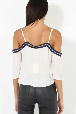 Rebellious Fashion White Cold Shoulder Embroidered Crop Top - Carrie